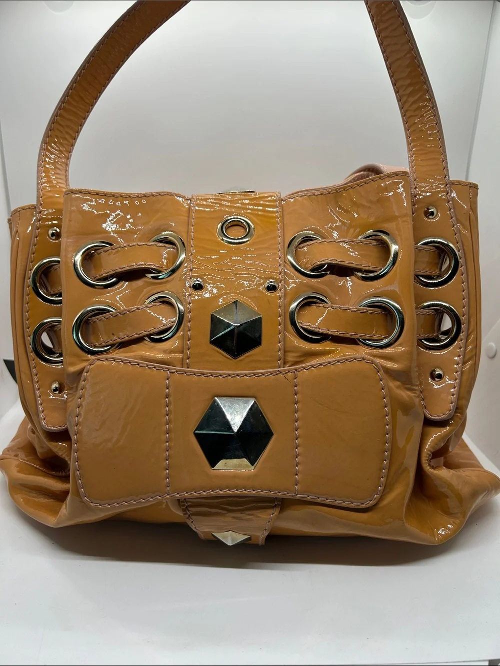 Jimmy Choo Ramona Tan Leather Metal Studded Hobo Shoulder Bag Purse 🔥🔥